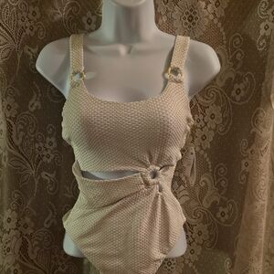 Mynah Women's Size XS White Gold Cinched Waist Adjustable One-Piece‎ Swimsuit